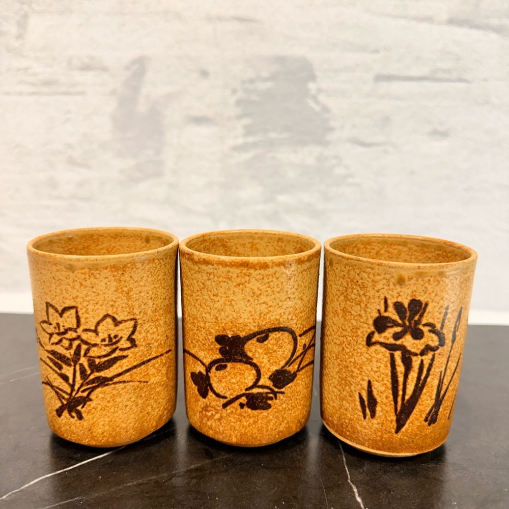 Vintage Hand Crafted Tan Brown Etched Pottery 3-Piece Terracotta Cup Set Signed